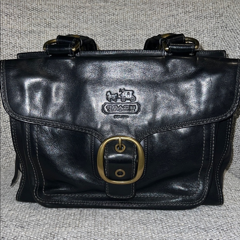 Coach Bleecker Tattersall Legacy Black leather Bag with Brass Accents